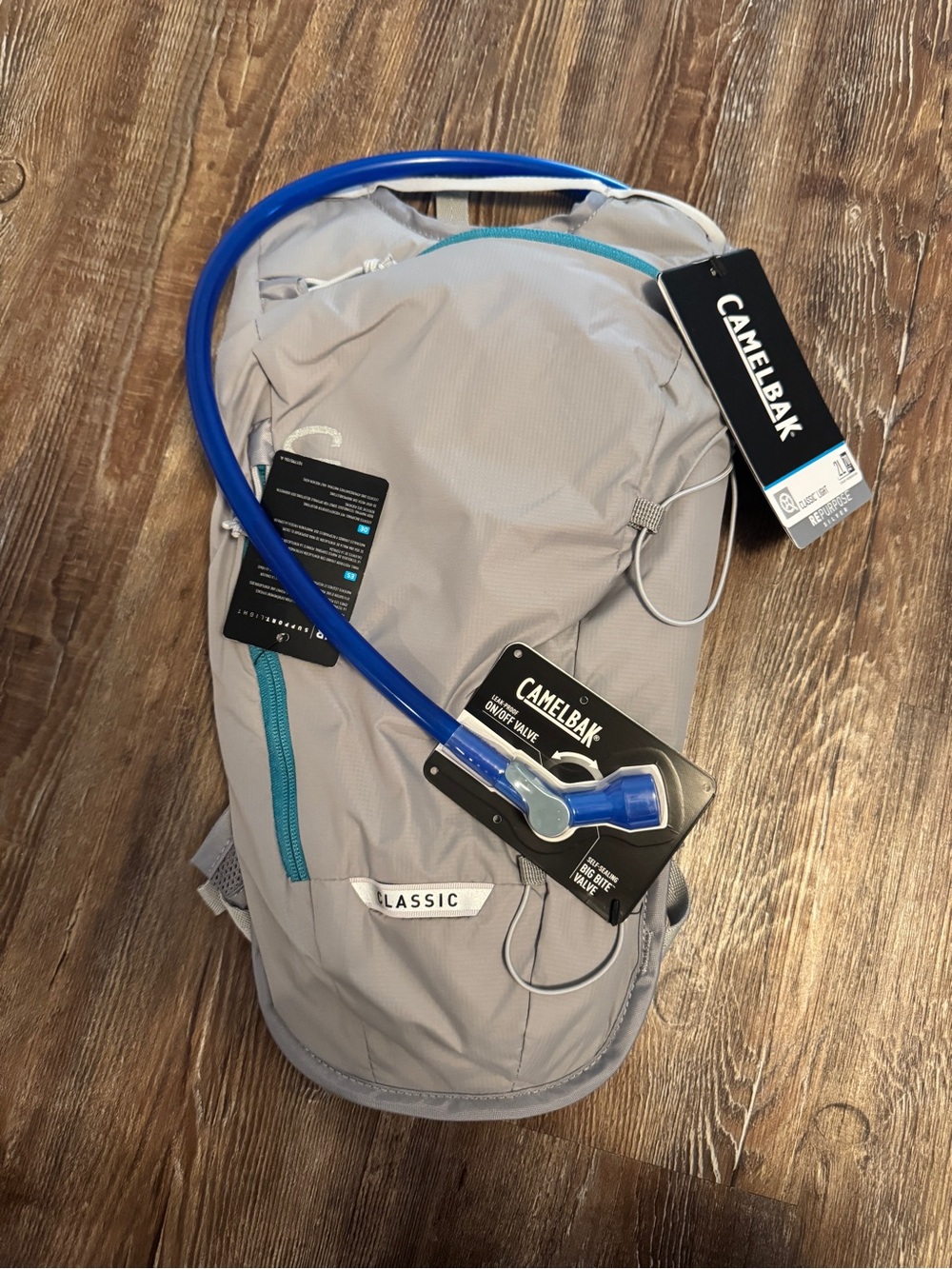 CamelBak Classic Light Hydration Pack in Light Gray with Blue Accent